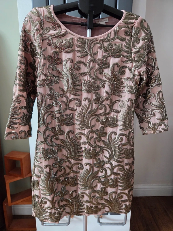 Monsoon Ally Hand-Embellished Shift Dress Mink Pink UK 12