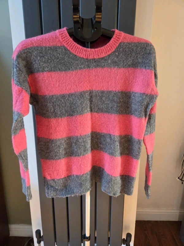 United Colors of Benetton, Striped Alpaca Blend Knit Jumper, Pink and Grey, Size M