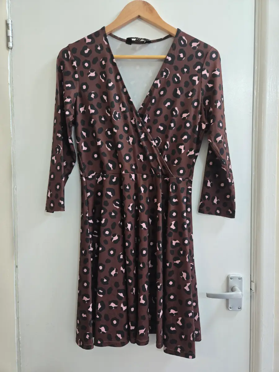 Lipsy London Brown Pink Leopard Print Faux Wrap Skater Dress - Size 14