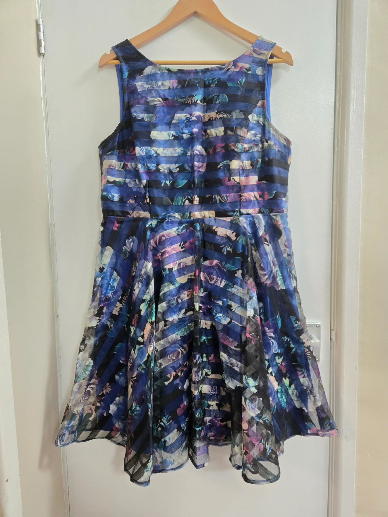 George Purple & Blue Floral Striped Skater Style Fit & Flare Ocassion Dress - Size 16