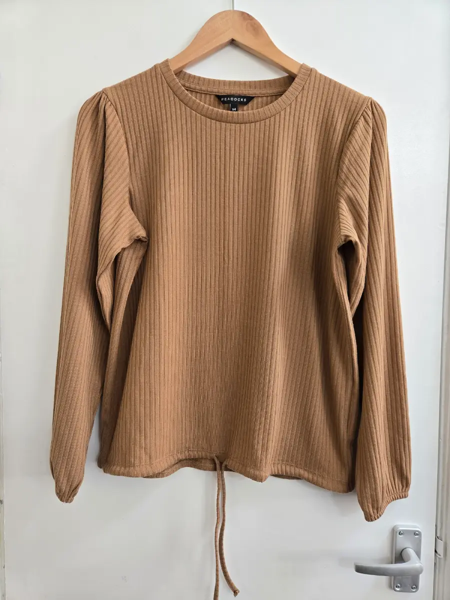 Peacocks Camel Brown Ribbed Puff Sleeve Drawstring Waist Crewneck Gorpcore Top - Size 14