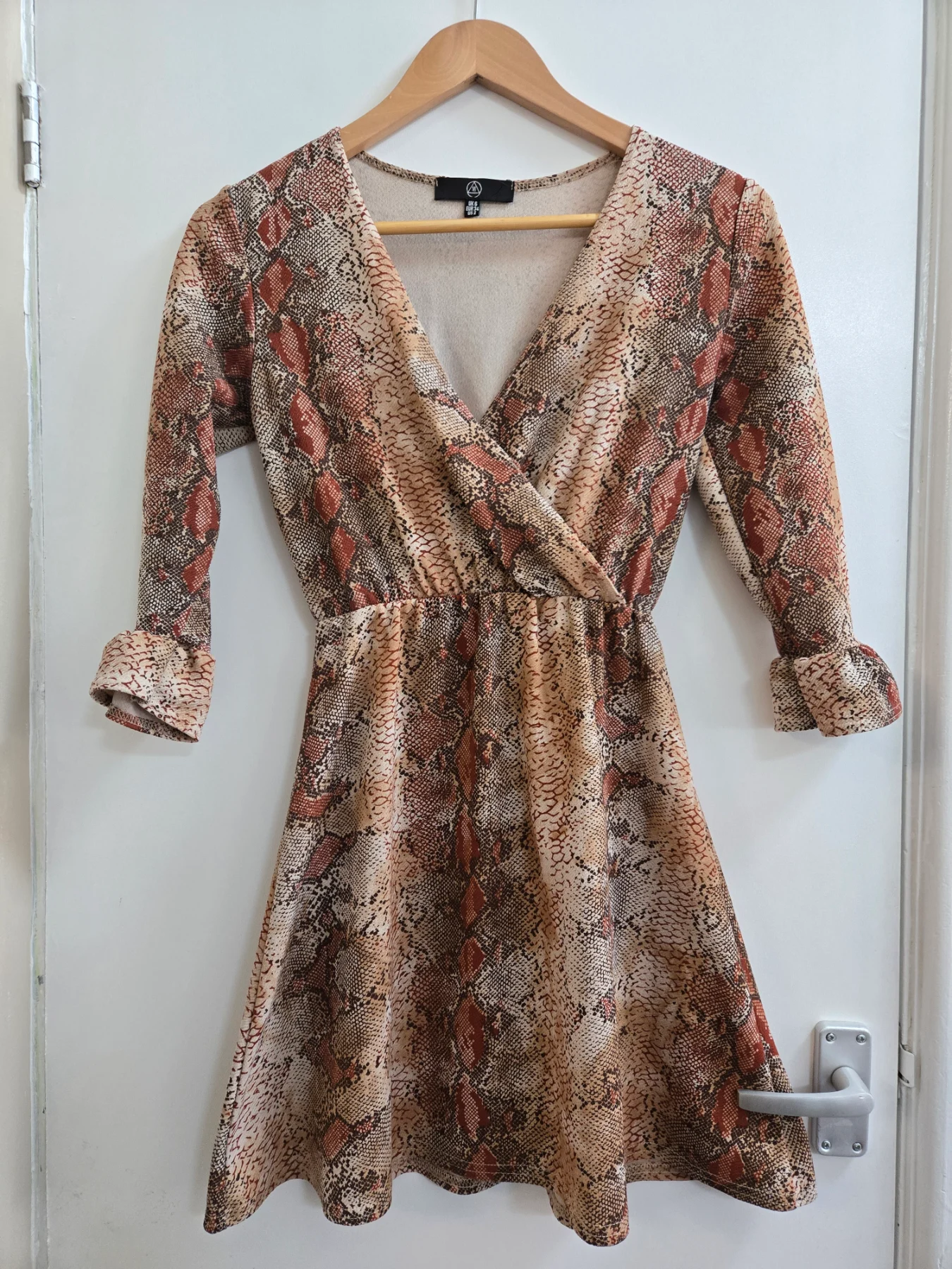 Misguided Snakeskin Print Faux Wrap Bohemian Dress with Ruffle Cuffs - Size 6