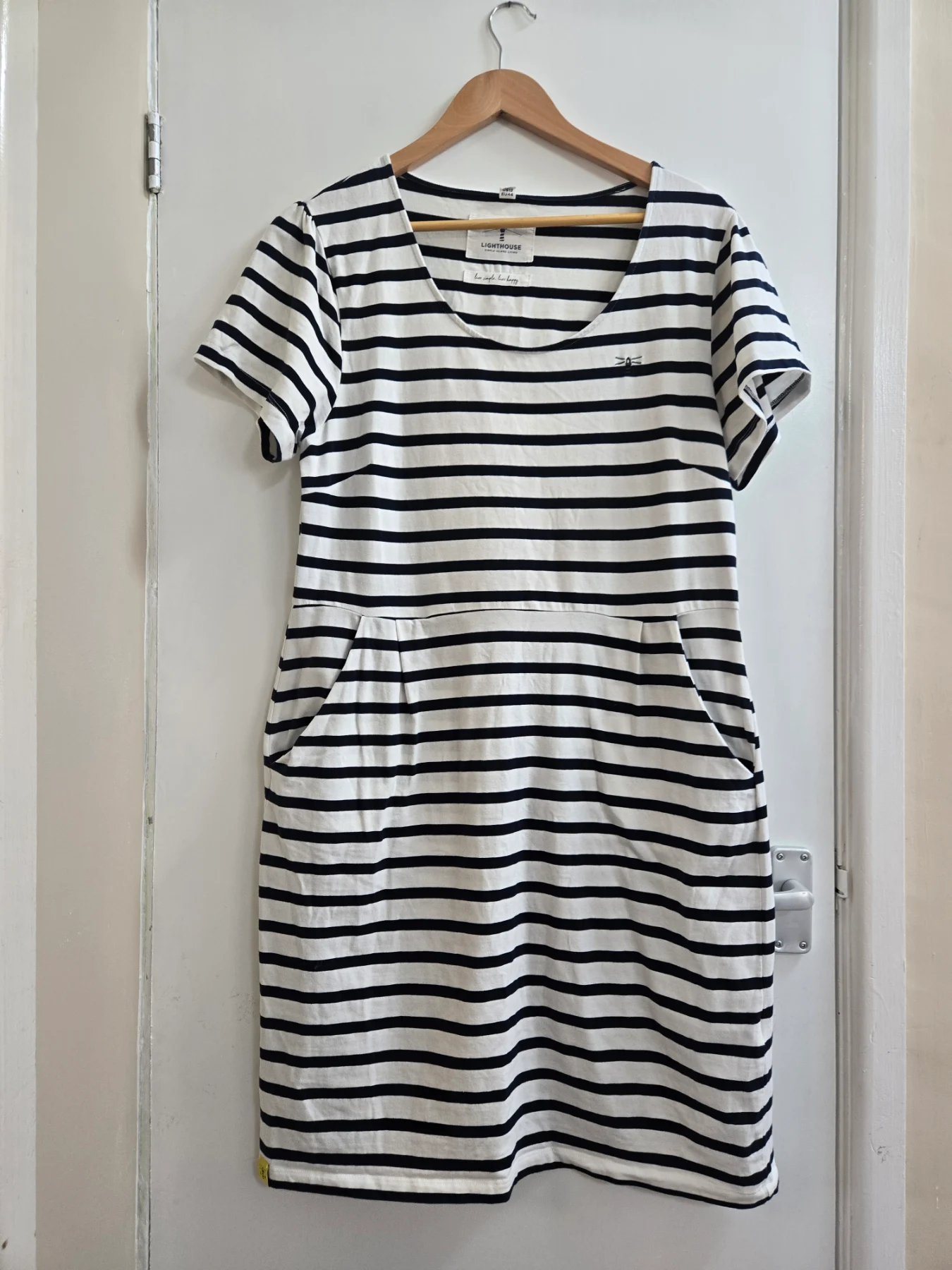 Lighthouse Lydia Navy & White Striped Cotton Nautical Dress with Pockets - Size 16