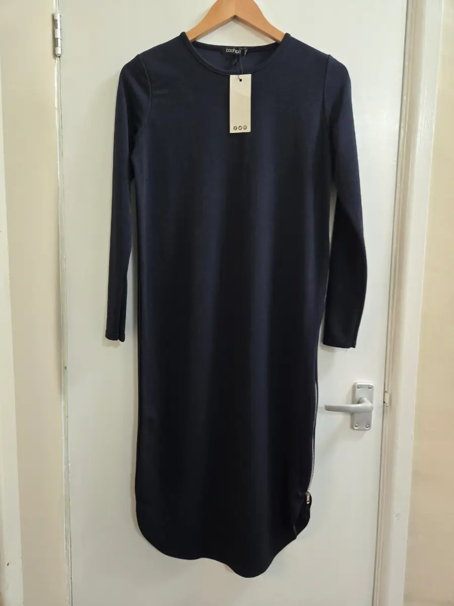 Bnwt Boohoo Navy Blue Long Sleeve Midi Shift Dress with side Zip - Size 10