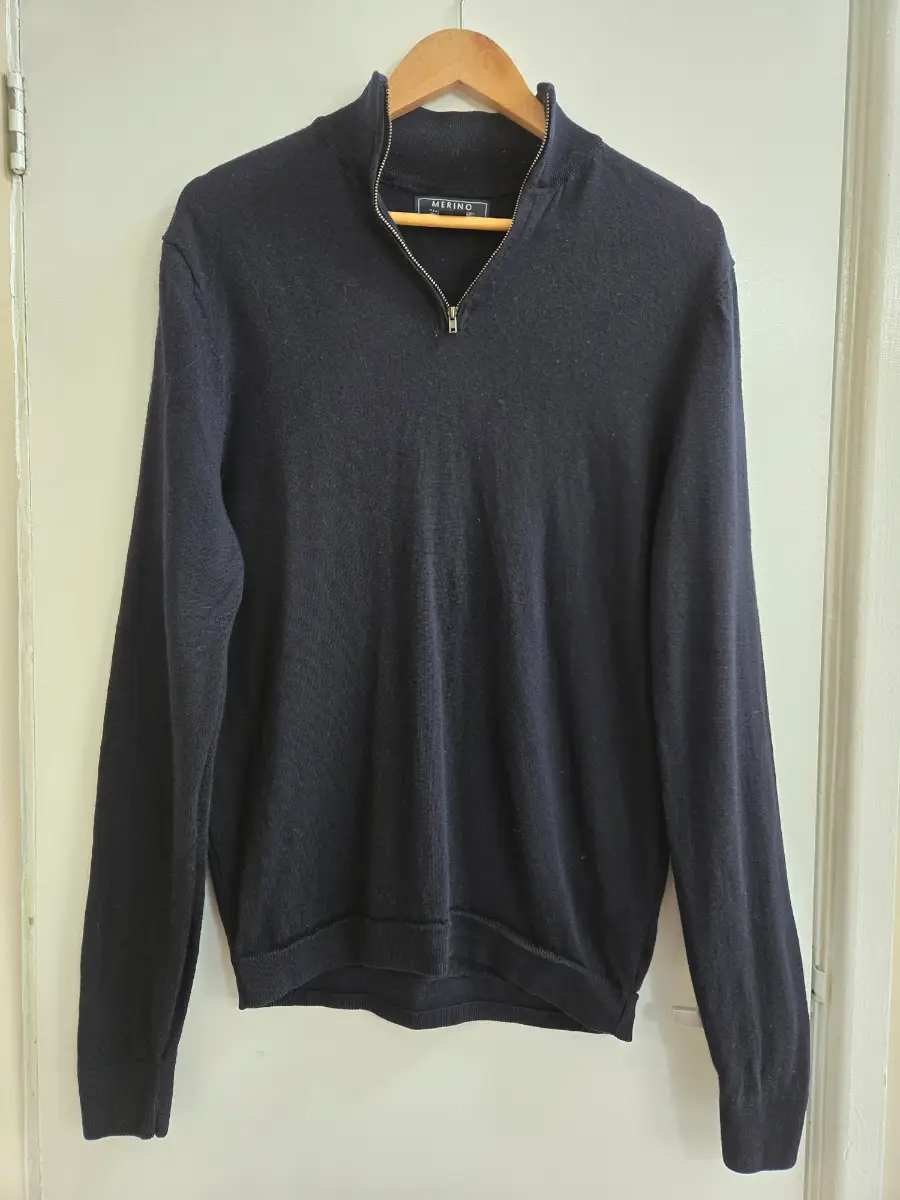 F&F 100% Merino Wool Quarter Zip Navy Long Sleeve Knit Jumper - Size M