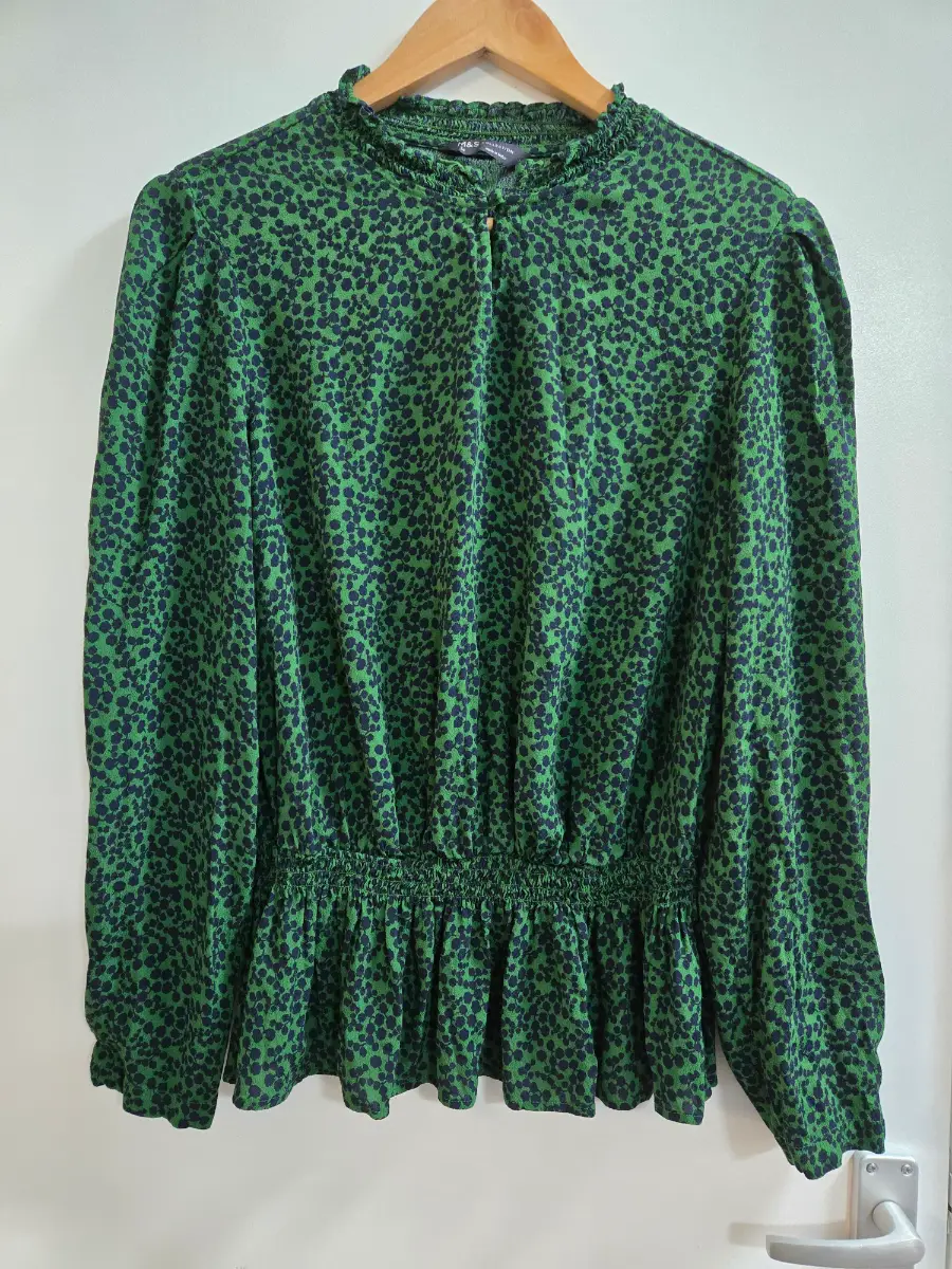 M&S Collection - Size 14 - 100% viscose - Green High neck - Peplum long sleeve blouse