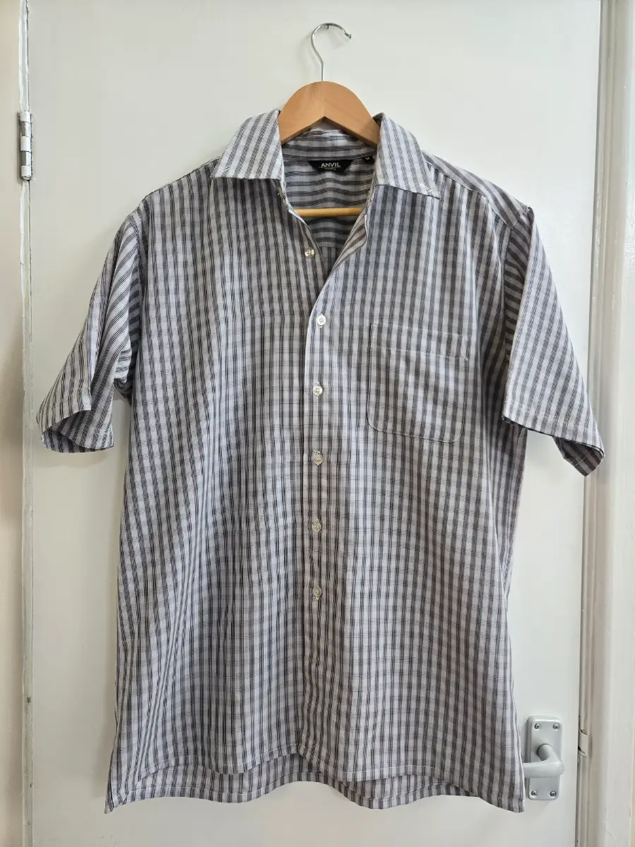 Bnwot Anvil Short Sleeve Button Up Grey Micro-check Gingham Dadcore Shirt - Size M