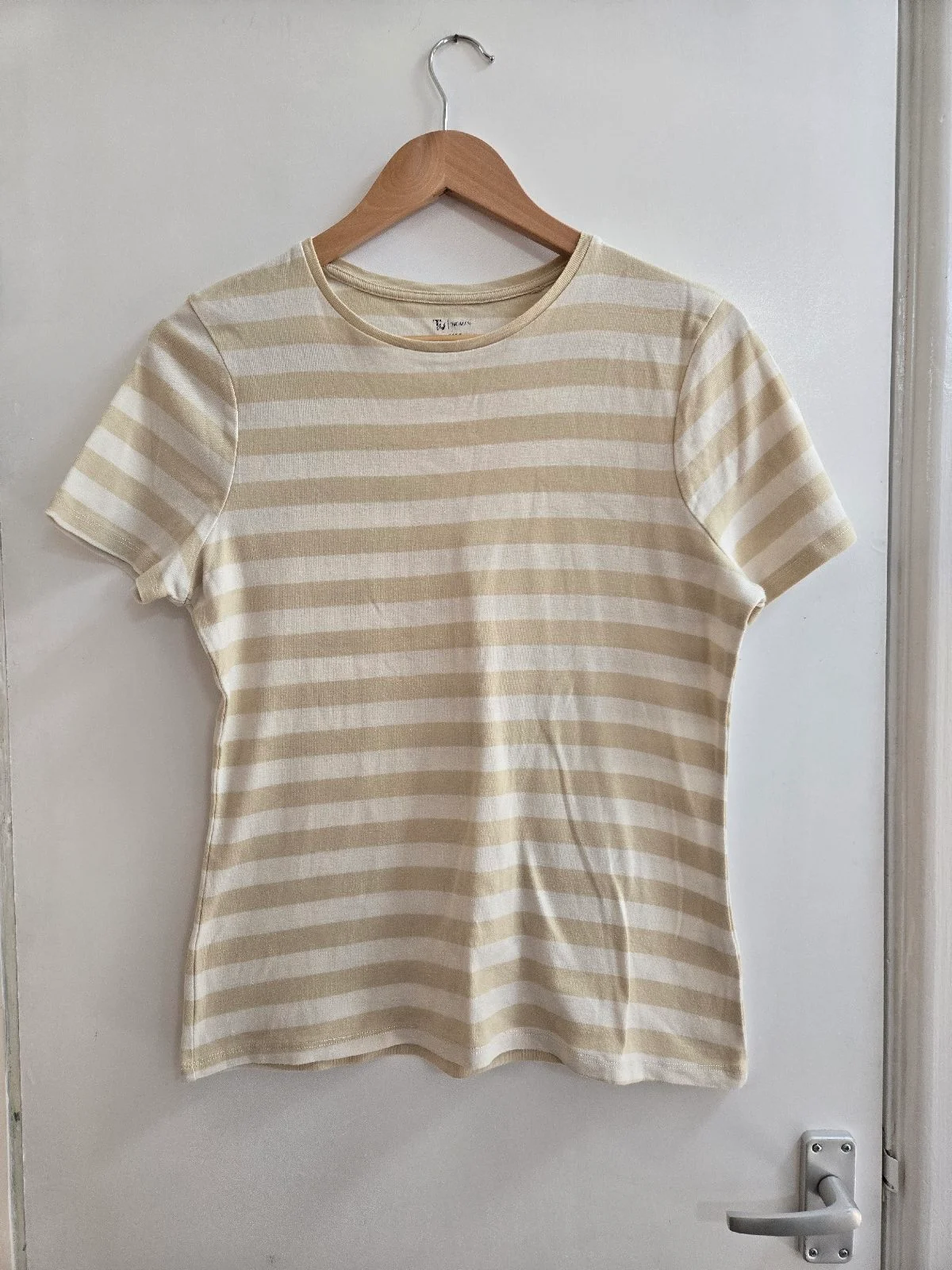 Tu 100% cotton Beige & Cream Breton Striped Soft Knit Stretchy Classic Tee - Size 16