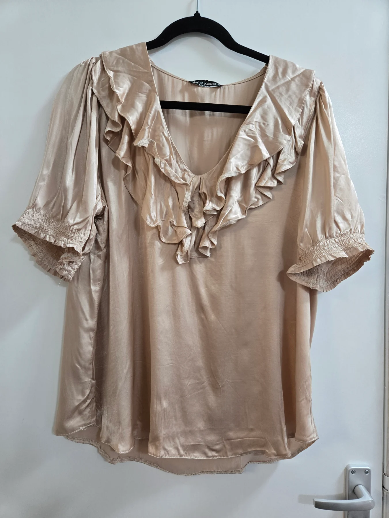 Bnwt Marina Kaneva at M&Co Shimmering Champagne Satin Feel Ruffle Neck Blouse - Size 16