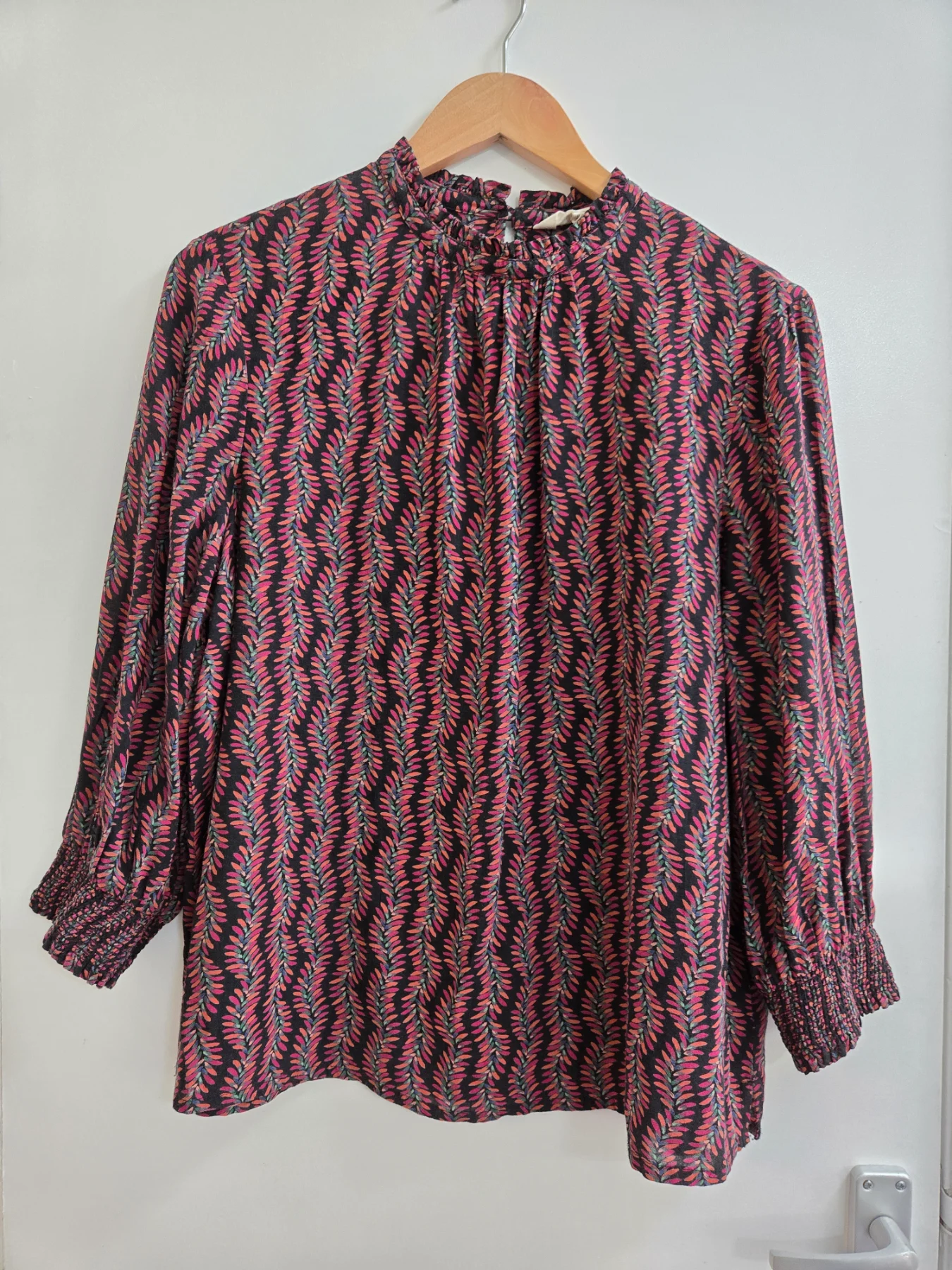 Seasalt Cornwall Abstract Leaf High Neck Viscose Cotton Blend Top - Size 14