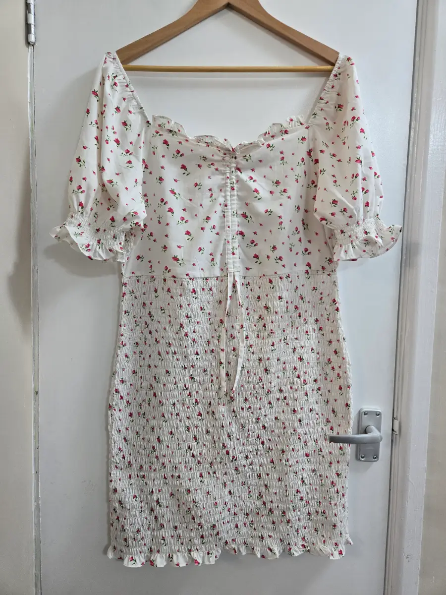 Bnwt Anmol Cream Pink Ditsy Floral Smocked Milkmaid Bodycon Mini Dress - Size 14/16