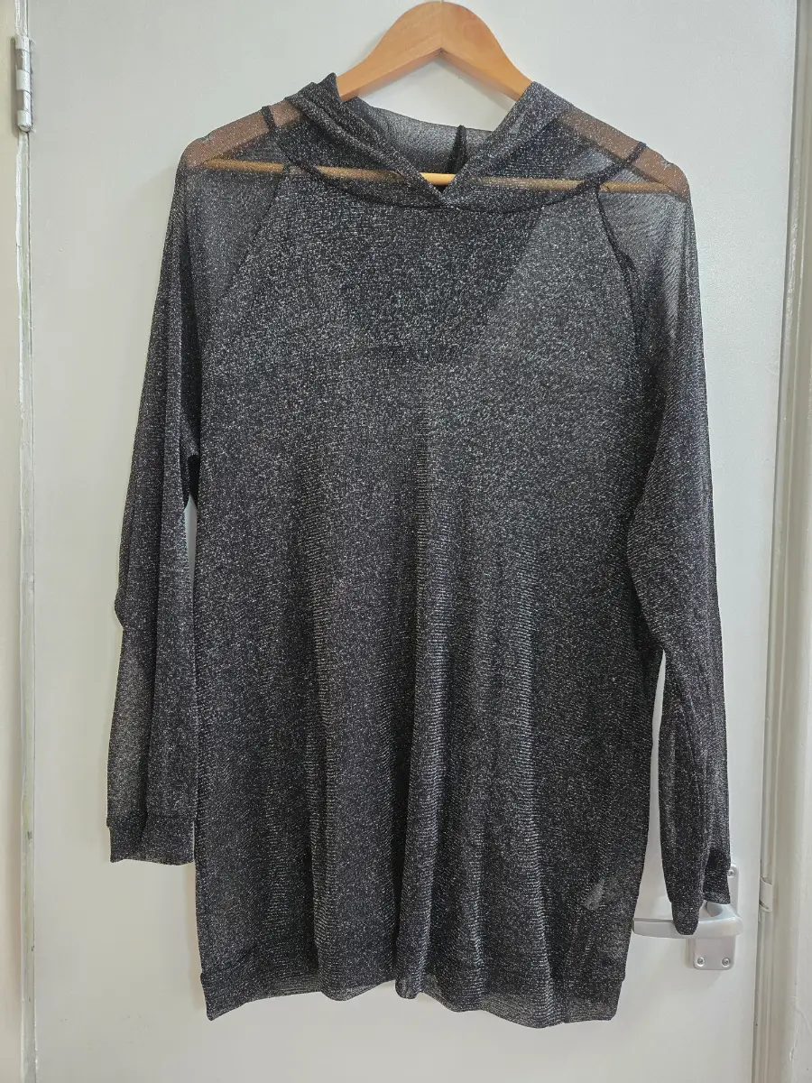 Temu Black Glitter Mesh Sheer Pullover Hoody - Oversized Metallic Shimmer Top - Size 14