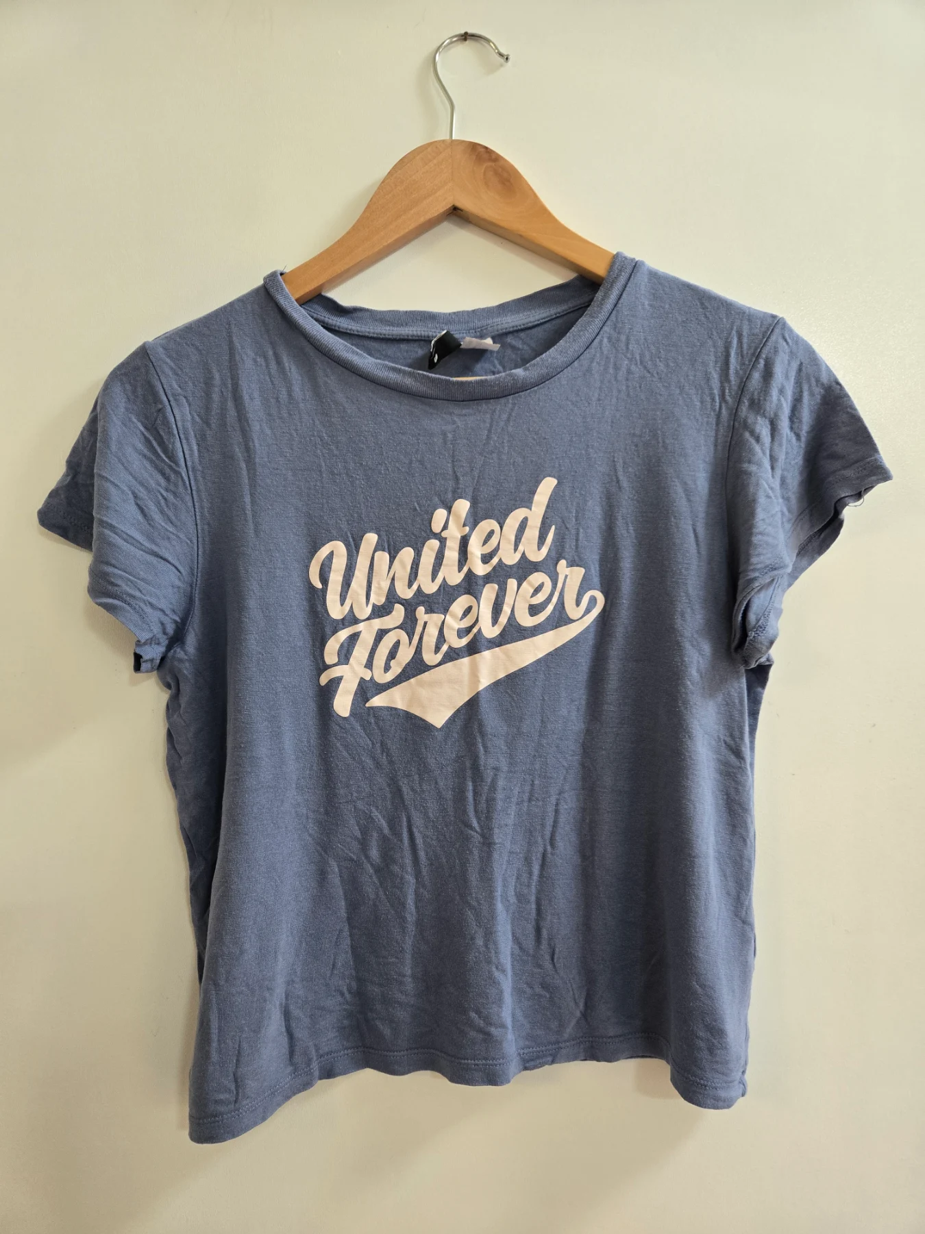 H&M Retro 'United Forever' Slate Blue Cropped Graphic Tee - Size 12