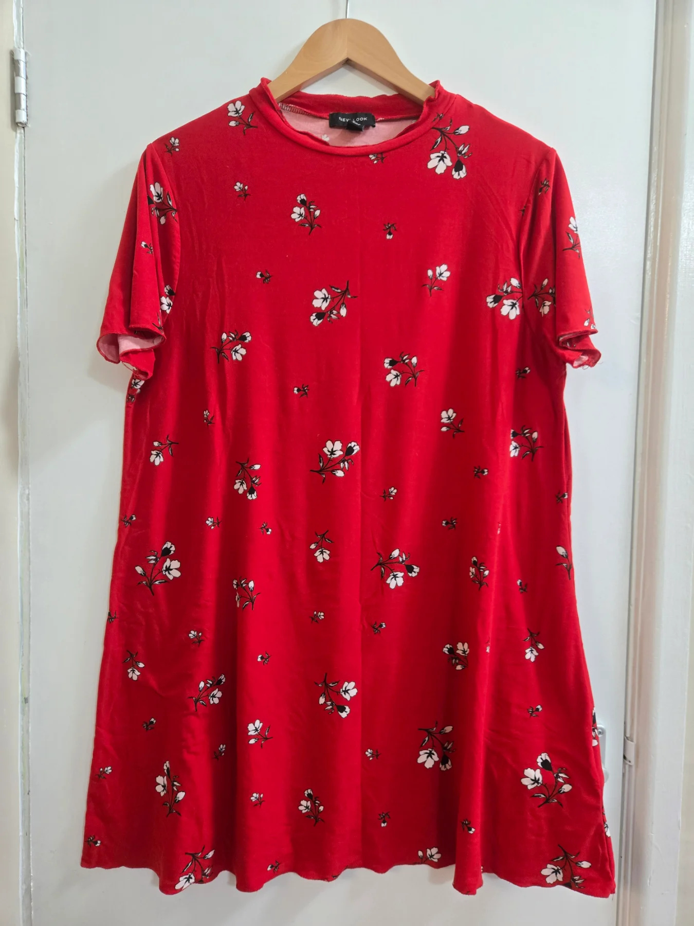 New Look High Neck Red Floral Smock Mini Dress Soft Touch - Size 16