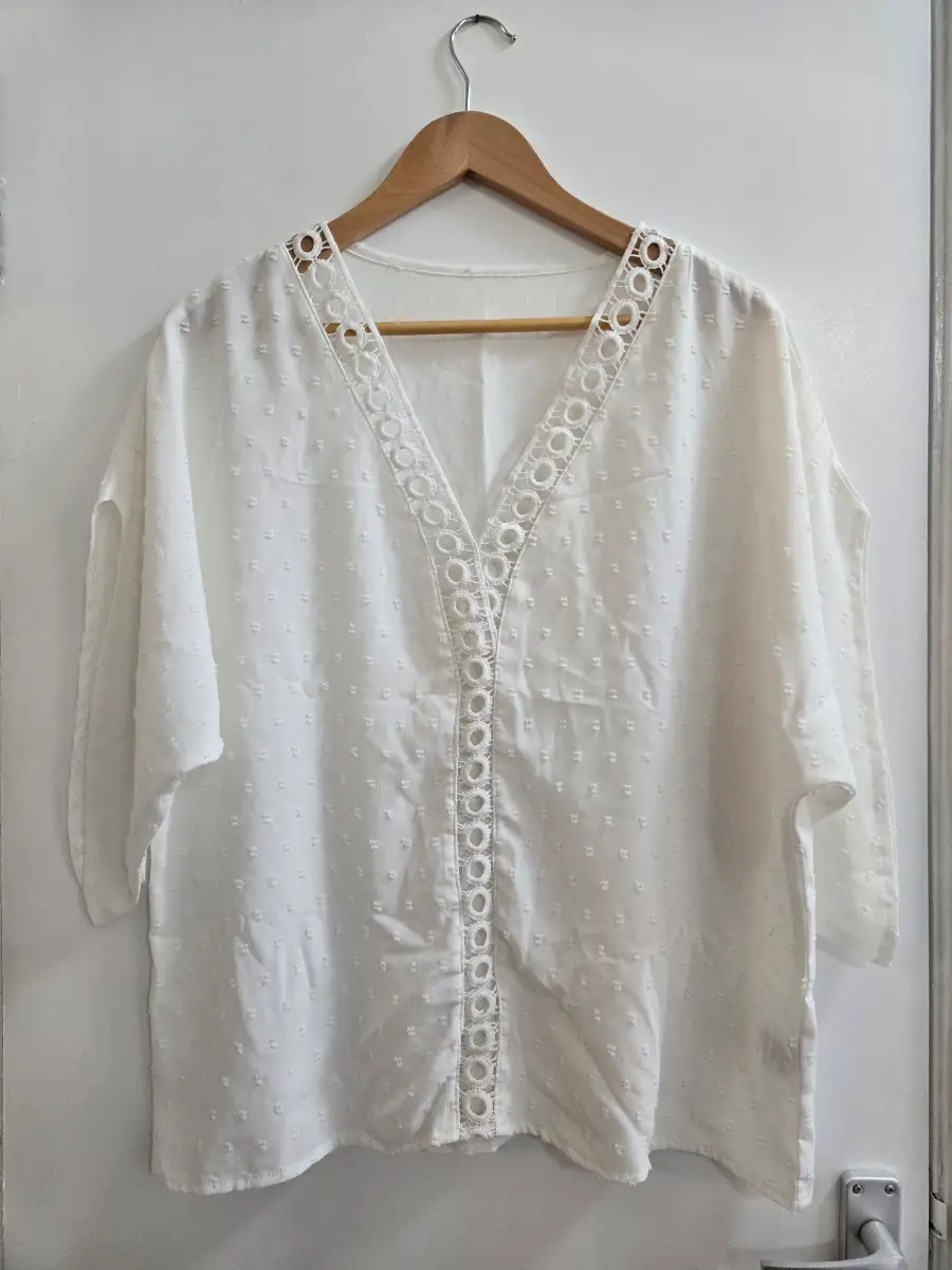 Shein - Size 12/14 - Swiss dot - Crochet lace trim - V neck - White summer blouse