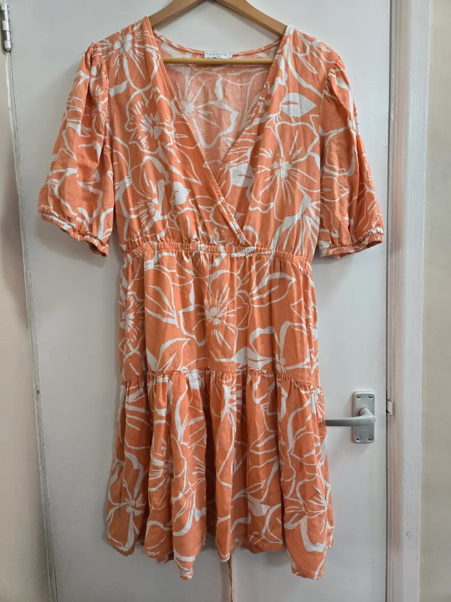 Papaya Coral Orange Floral Linen Blend Wrap Puff Sleeve Summer Dress - Size 18