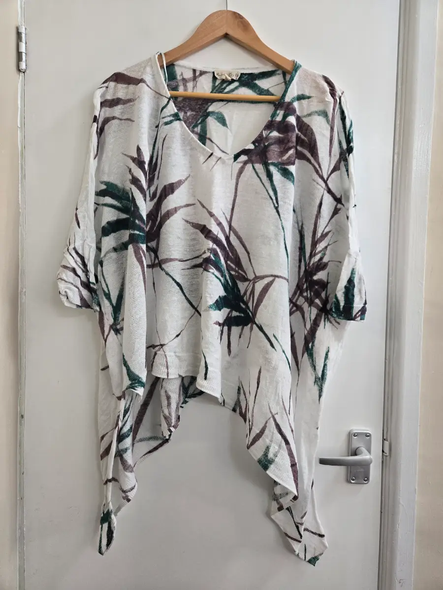 Phase Eight Bora 100% linen Bamboo print Asymmetrical Hem Lagenlook Tunic Top - Size 14