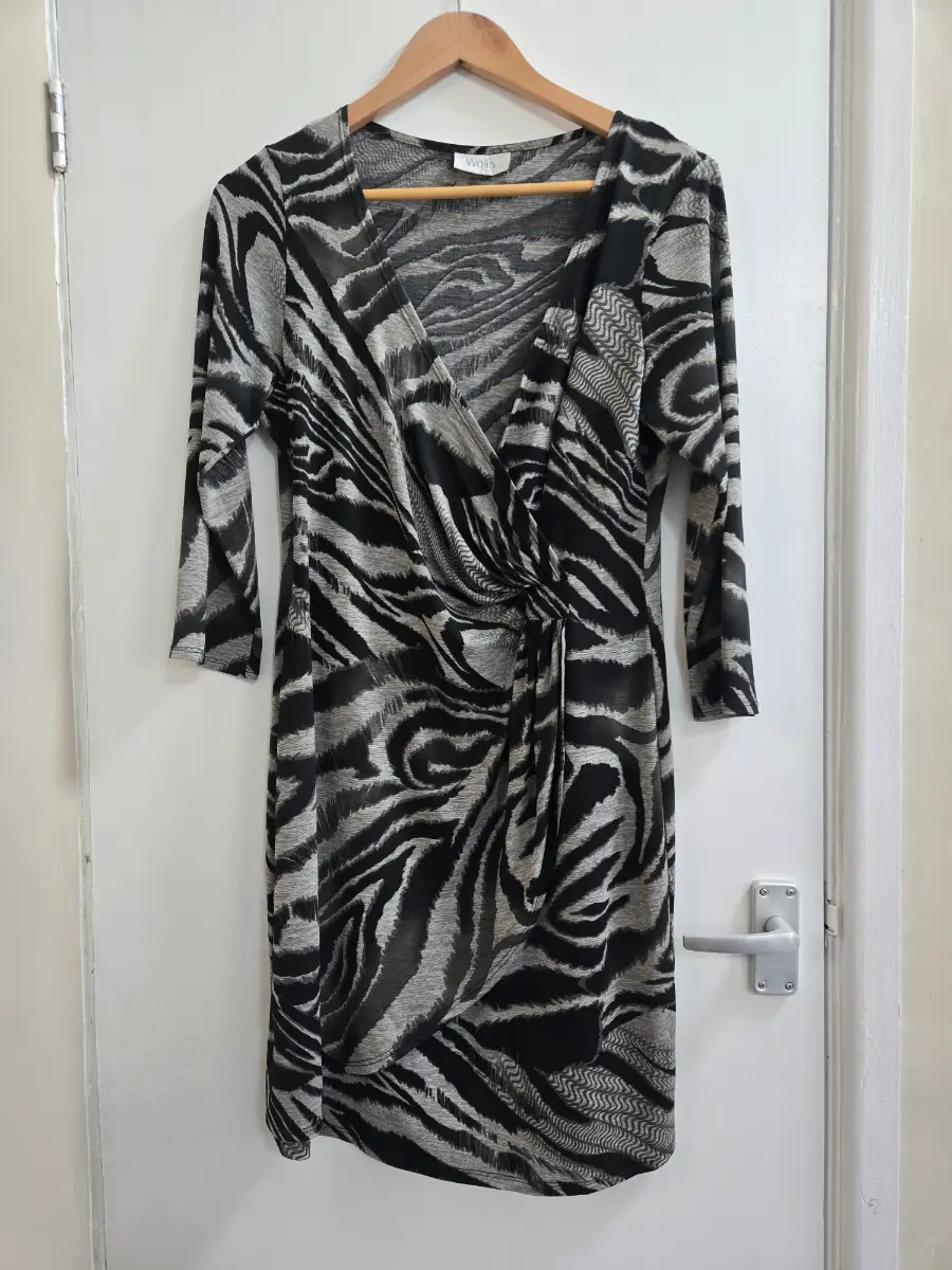 Wallis Charcoal Grey Zebra Print Faux Wrap Jersey Dress - Size 14