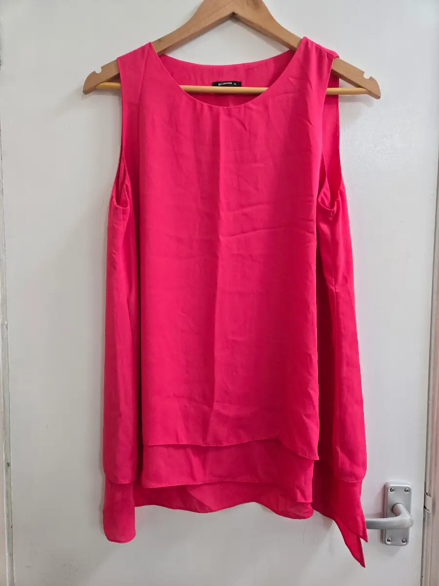 Roman Hot Pink Chiffon Double Layer Asymmetric Barbiecore Vest Top Blouse - Size 14