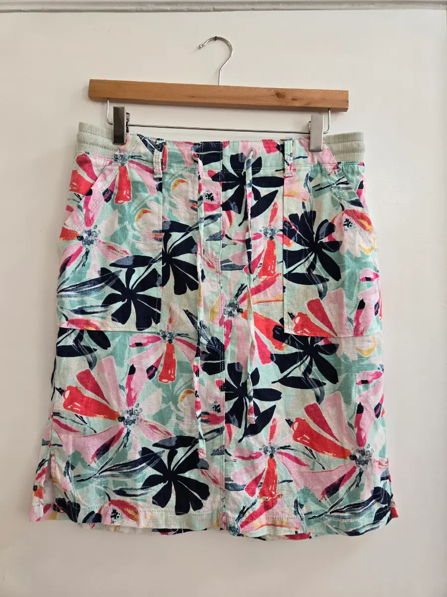 M&S Collection Linen Blend Tropical Floral Knee Length Drawstring Skirt with Pockets - Size 10