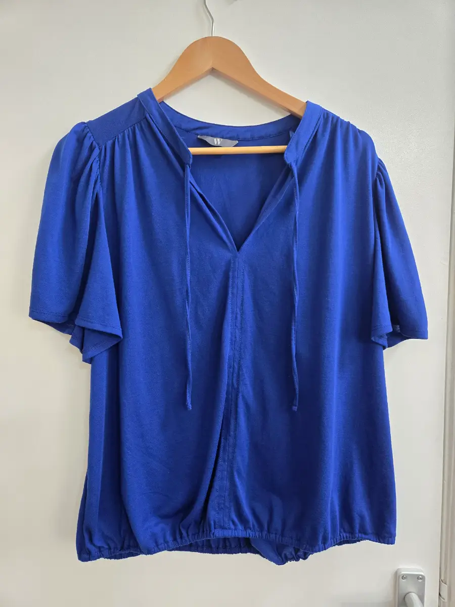 Bhs Cobalt blue Flutter sleeves tie neck bubble elasticated hem blouse - Size 20
