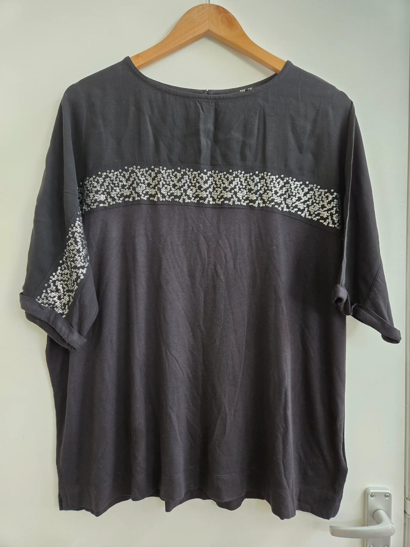 Next Black & Silver Sparkle Sequin Trim Top - Size 16