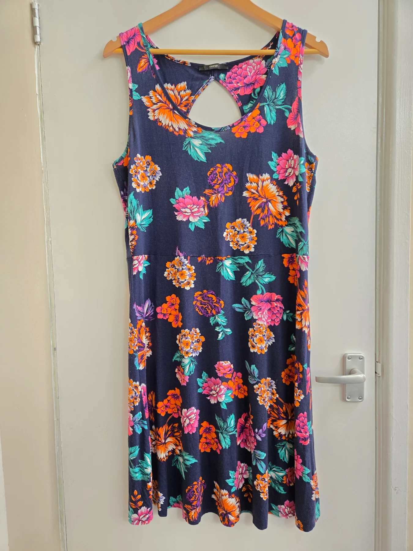 George Navy Floral Sleeveless Viscose Keyhole Back Summer Dress - Size 14
