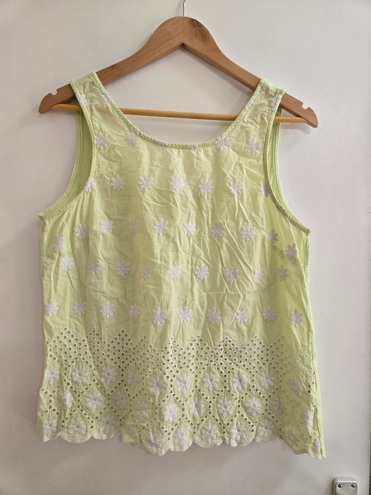 Next Yellow/Green 100% Cotton Broderie Eyelet Lace Scalloped Cottagecore Vest Top - Size 14