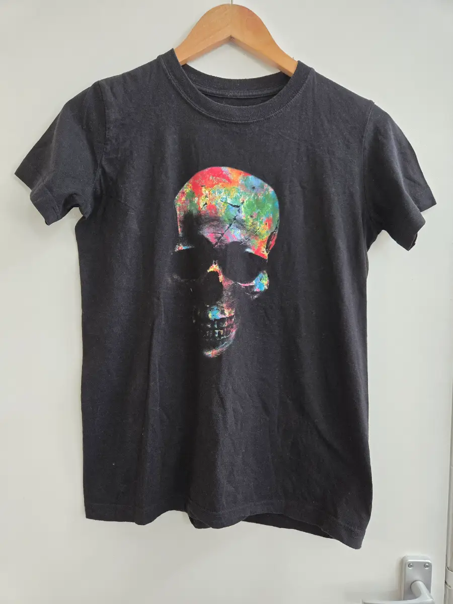 Velocitee Black Cotton Colourful Human Skull Tee - Size 10