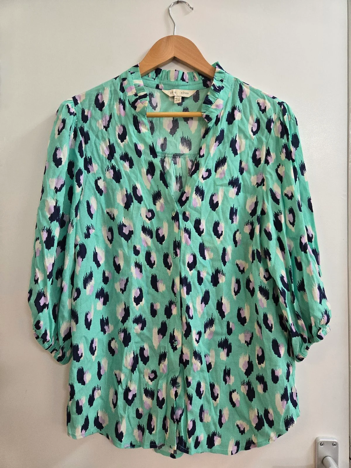 Love & Roses Aqua Mint Green Animal Print 100% Viscose Ruffle Blouse - Size 12