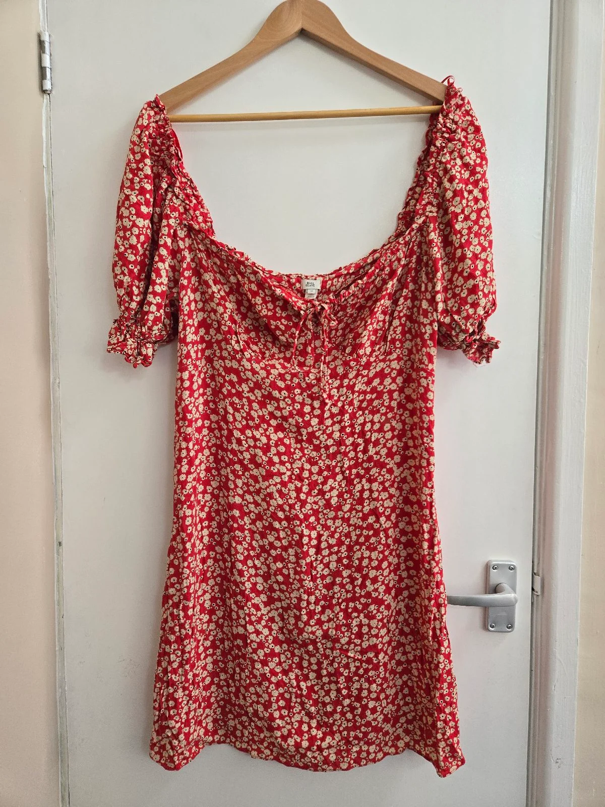 River Island Red Ditsy Floral Milkmaid 100% Viscose Mini Dress - Size 14