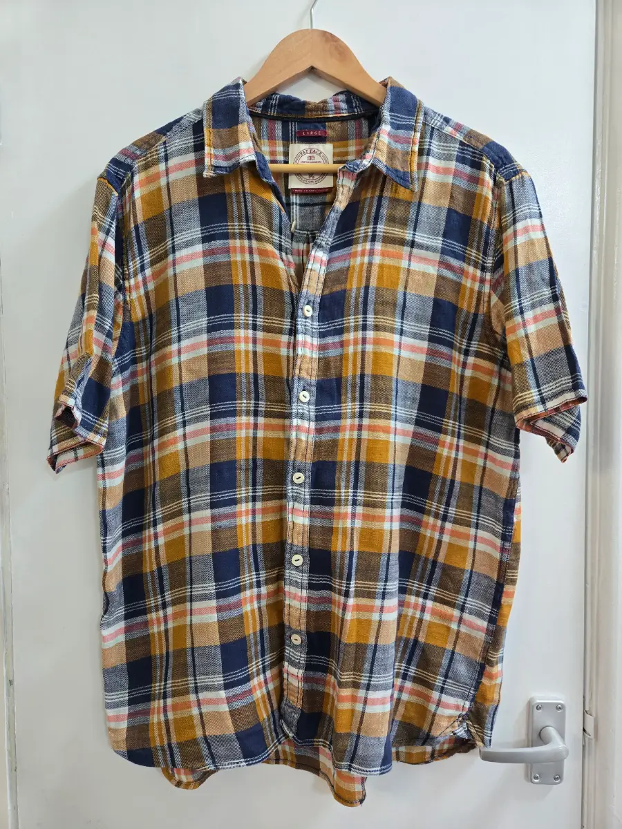 FatFace Large Short Sleeve Linen Cotton Plaid Checked Navy & Mustard Shirt - Large