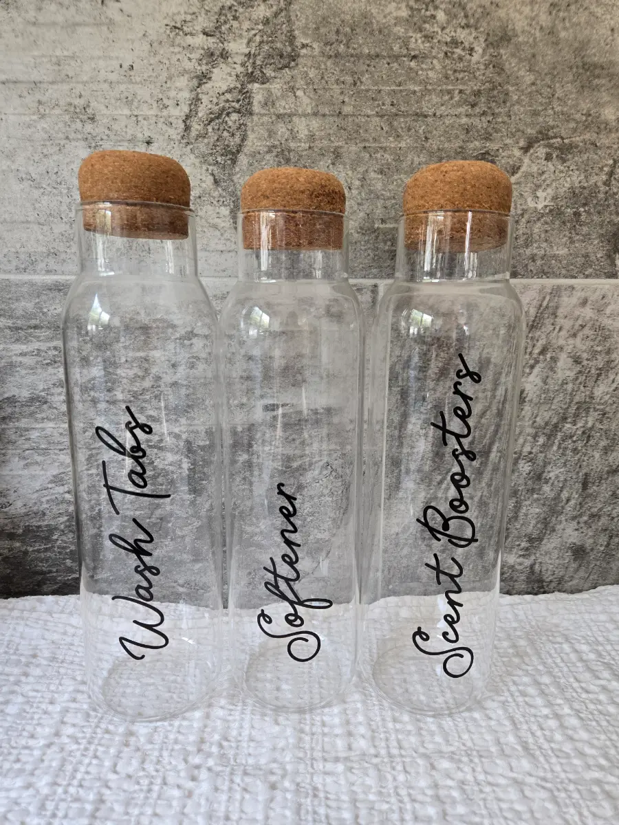 Set of 3 1.5litre Glass Carafe Cork Lid Stopper Laundry Essentials Glass Storage Jars