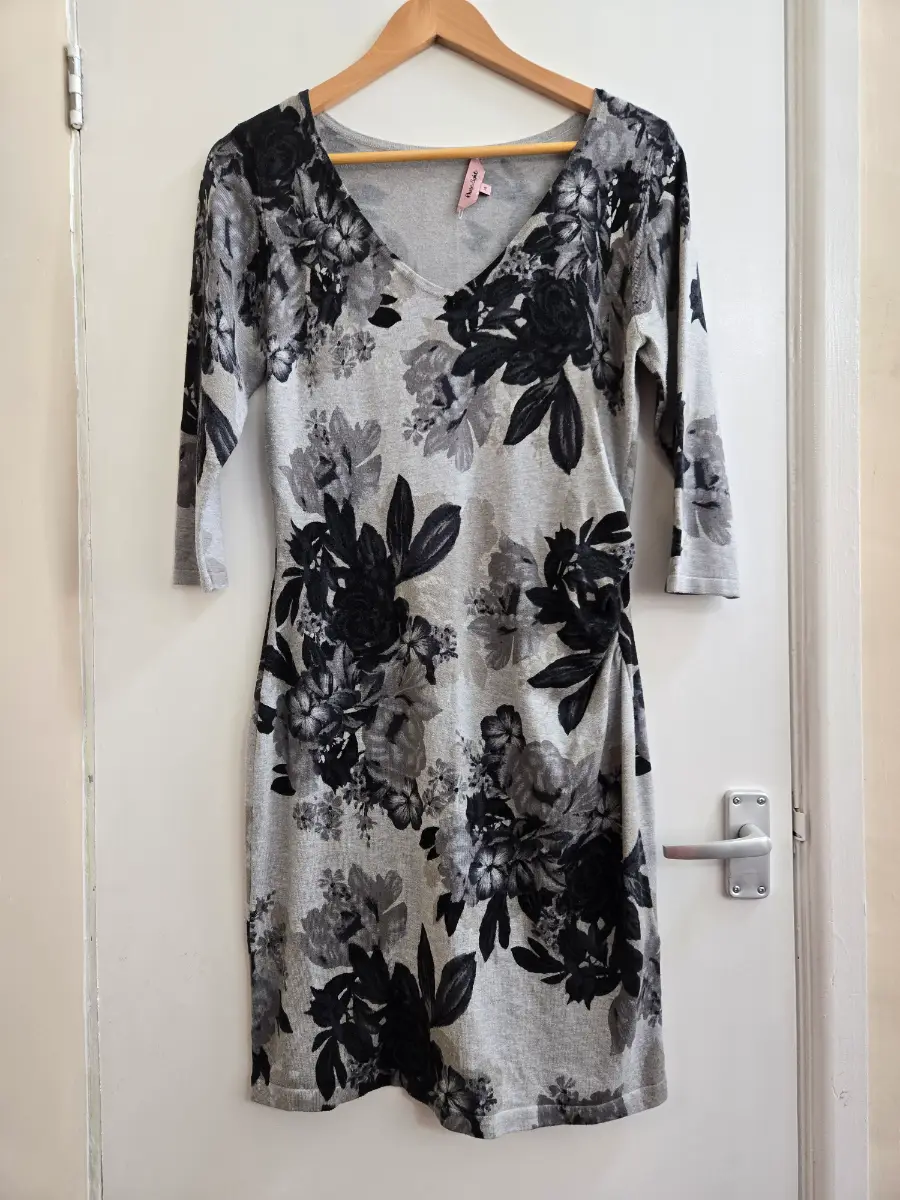 Phase Eight Monochrome Floral Jersey Dress Runched Waist - Size 14