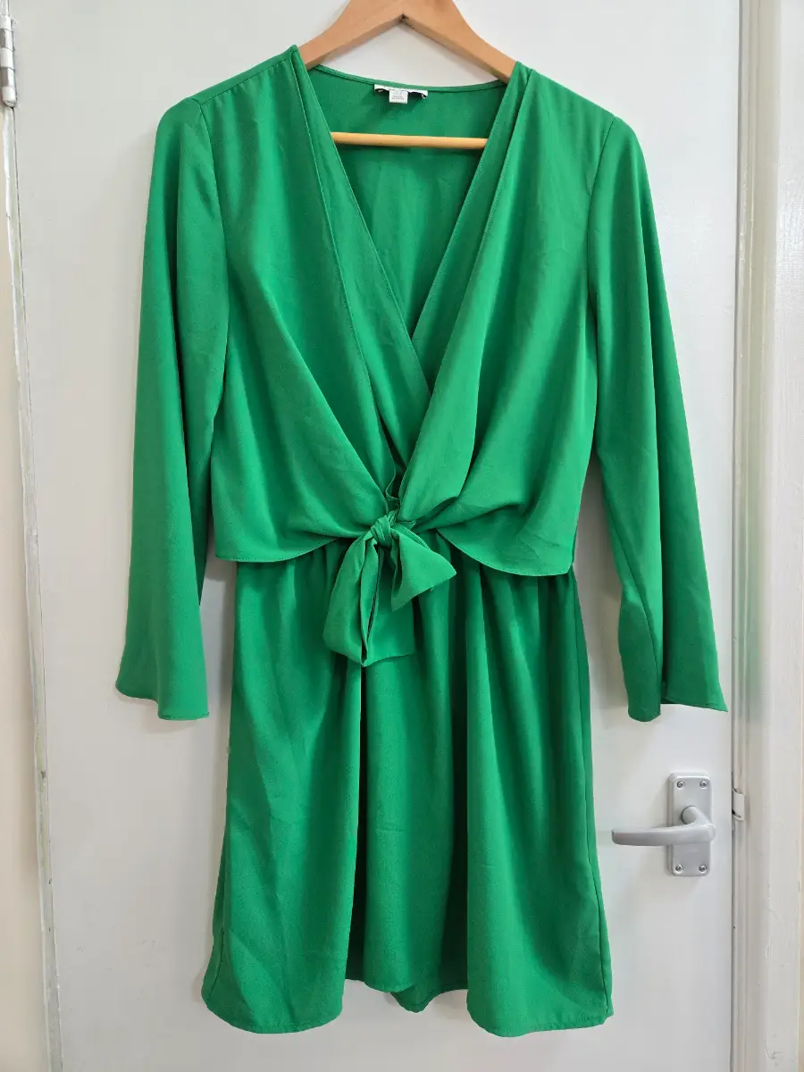 Topshop Emerald Green Long Sleeve Tie Front Vneck Mini Party Dress - Size 12
