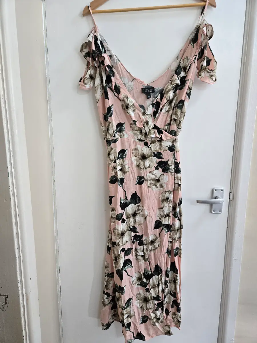 Topshop 100% viscose floral cold shoulder cottagecore boho midi wrap dress - Size 14