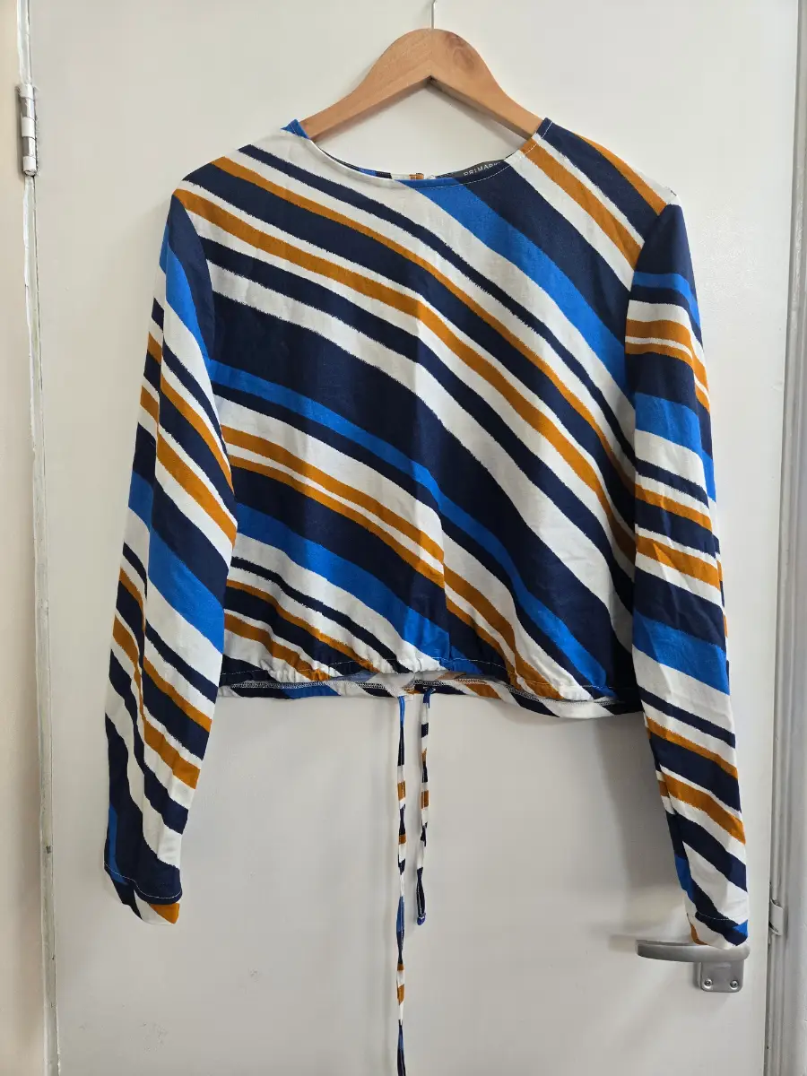 Primark Retro 70s style Long sleeve blue & mustard cropped boho top - Size 14/16