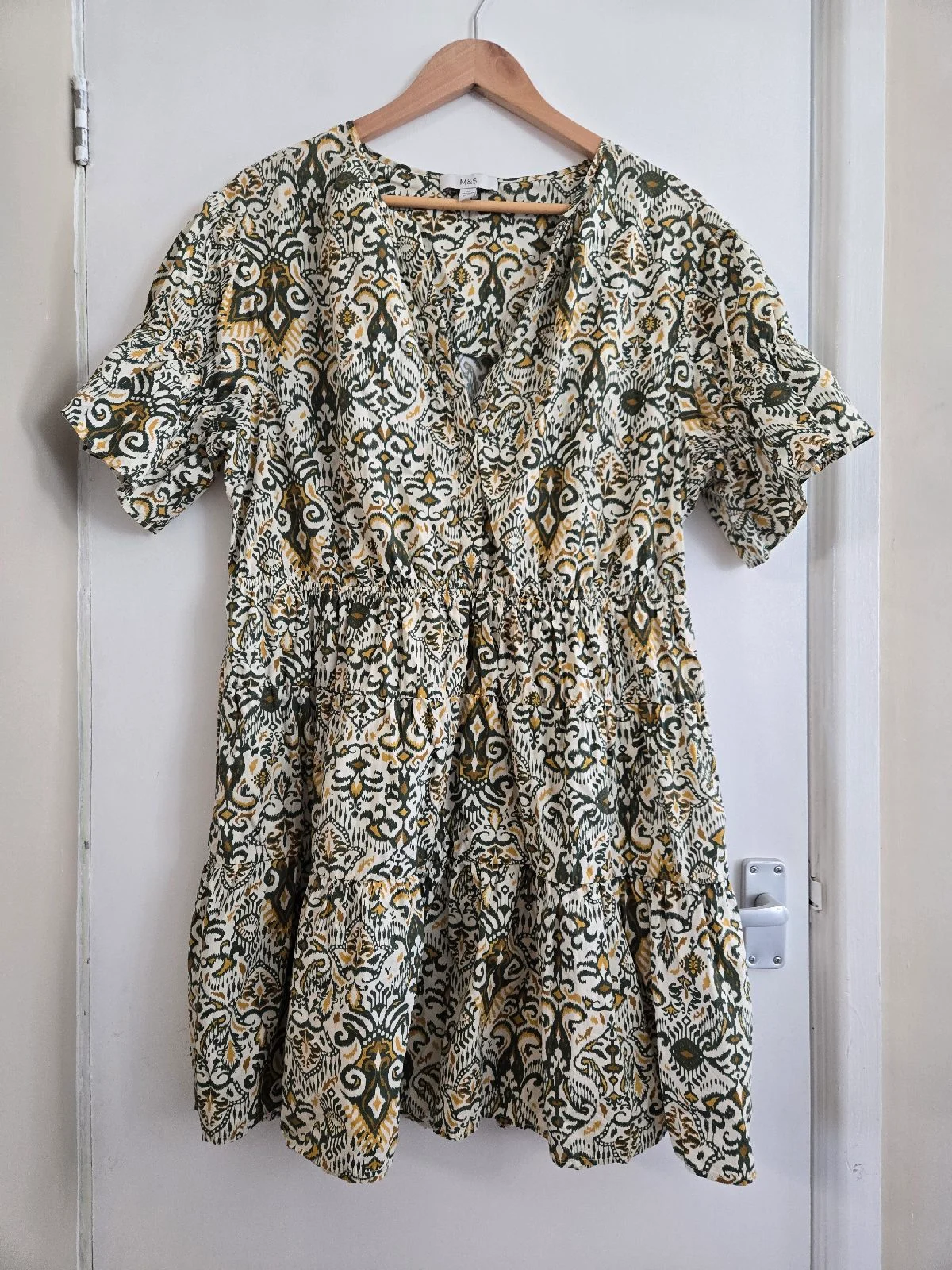 M&S 100% Cotton Tiered Skirt Ikat Geometric Print Bohemian Style Dress - Size 18