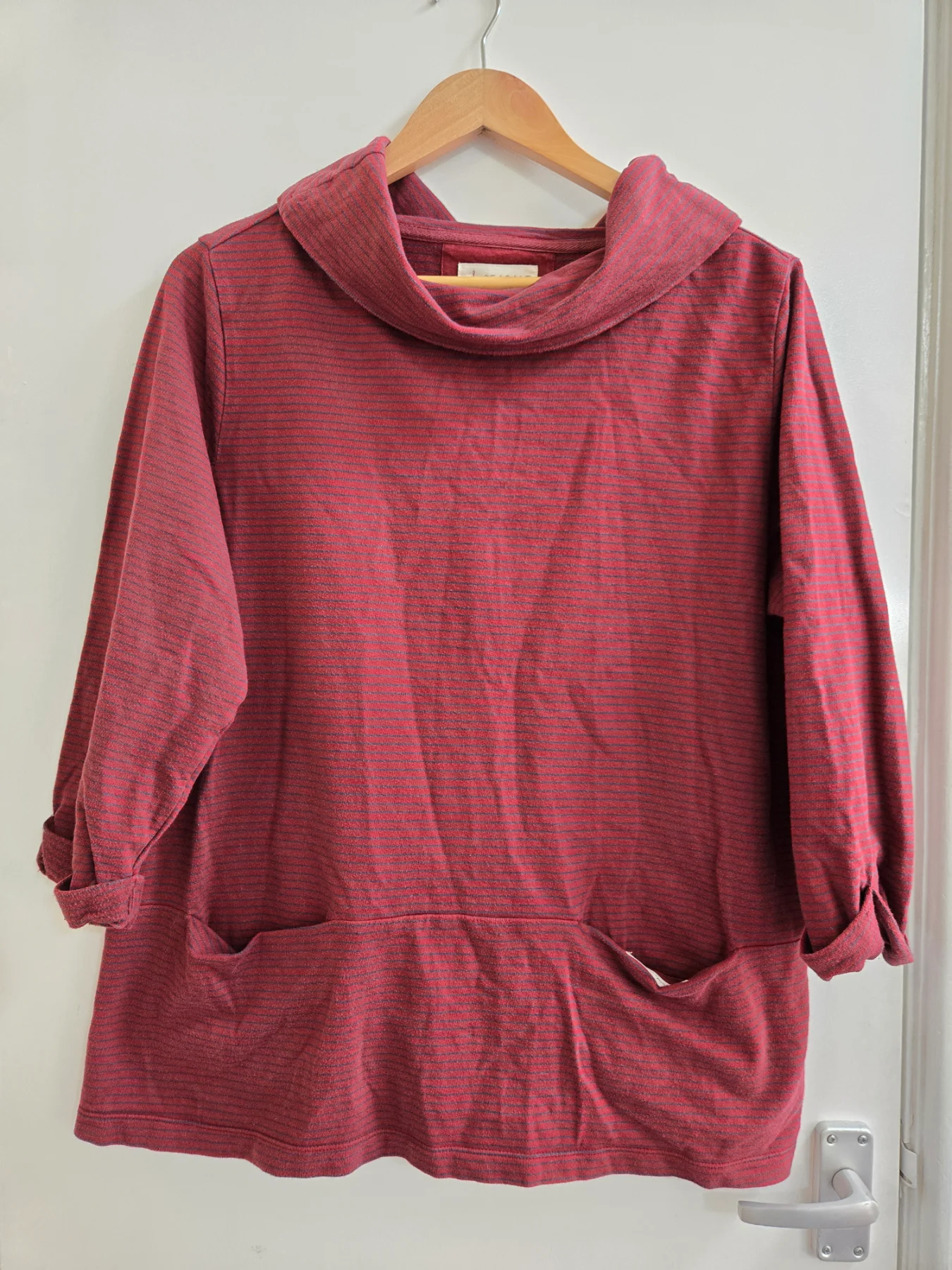 Seasalt Cornwall Mawgan Porth Tunic Burgundy Stripe 100% cotton Cowl neck top - Size 16