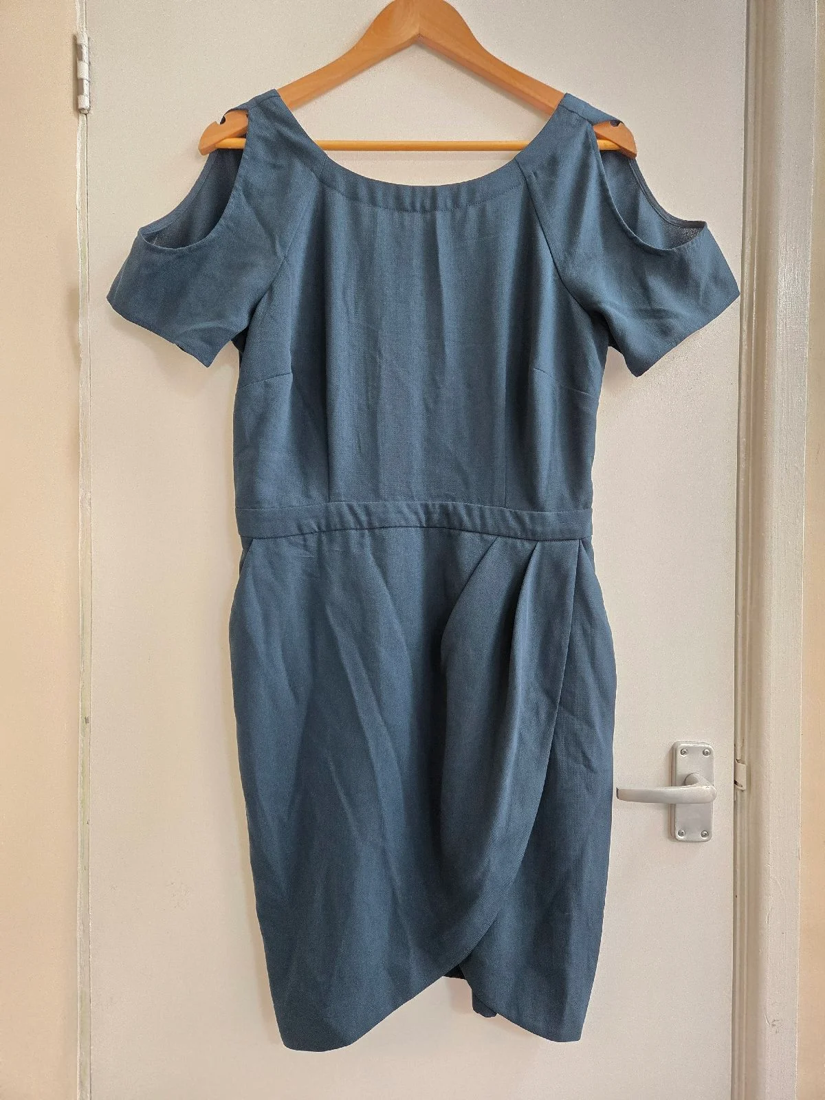 Warehouse Deep Teal Slate Blue Cold-Shoulder Draped Tulip Skirt Dress - Size 14