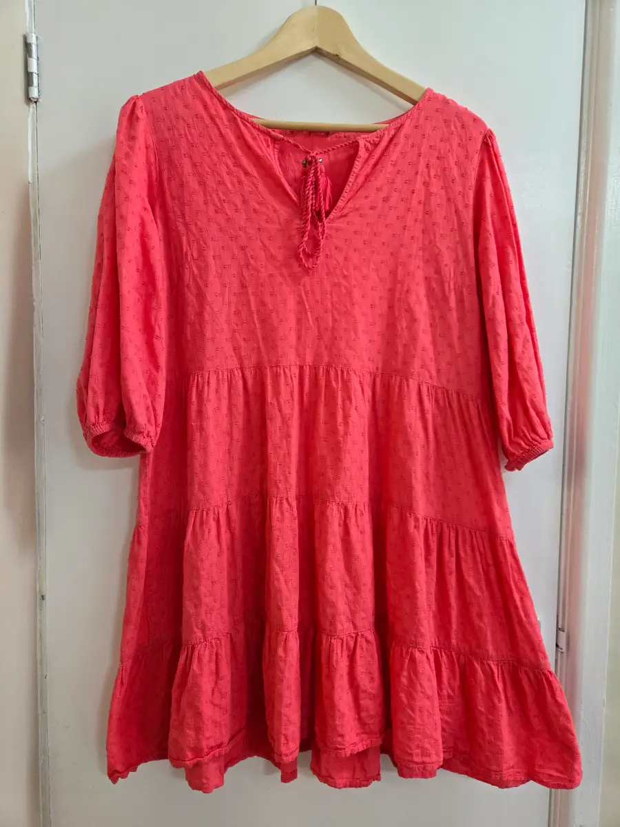 George Hot Fuschia Pink Textured 100% Cotton Tiered Smock Summer Dress - Size 10