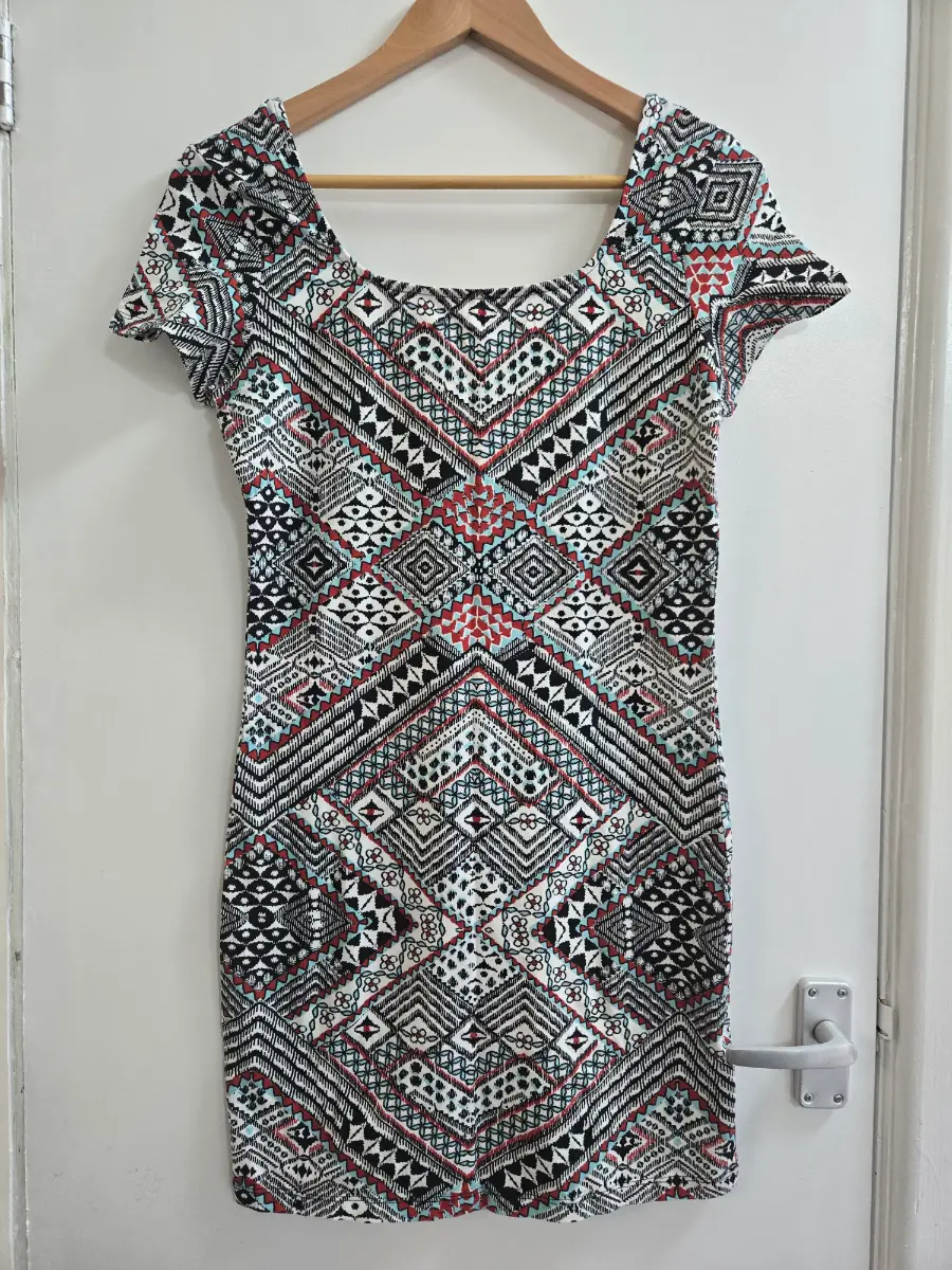 Primark aztec geometric festival boho cotton stretch mini bodycon summer dress - size 14
