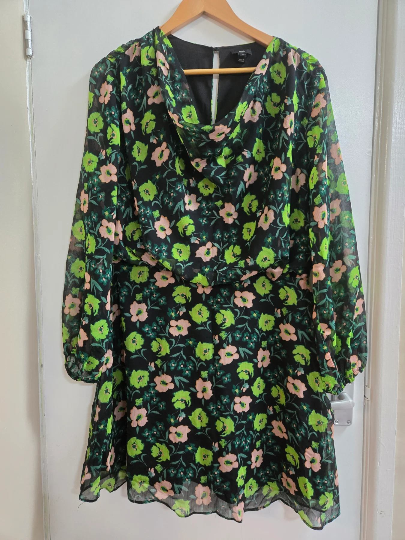 River Island Neon Green Floral Cowl Neck Chiffon Mini Dress Size 16