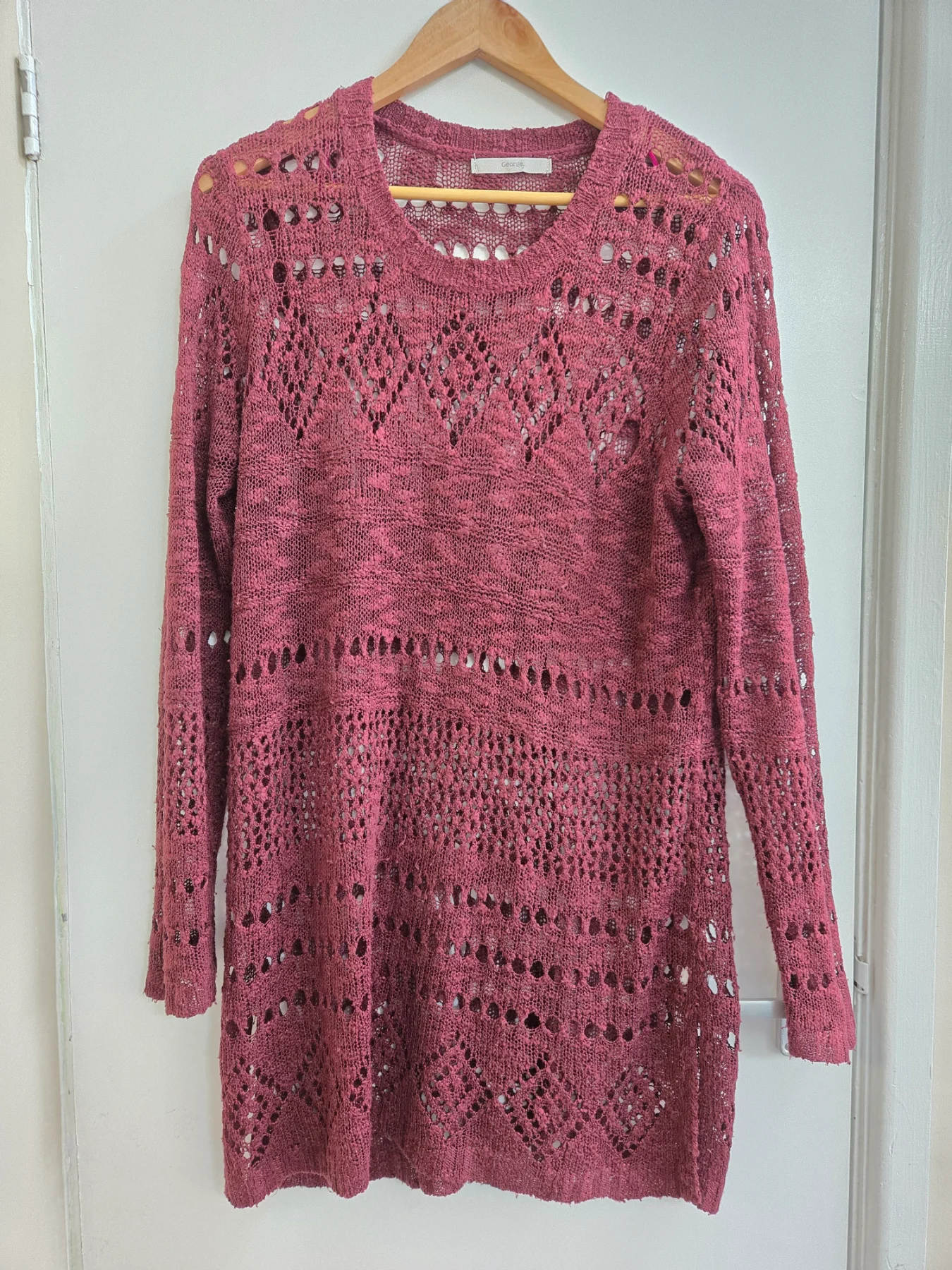 George Burgundy Open-Knit Crochet Longline Bohemian Tunic Jumper - Size 16