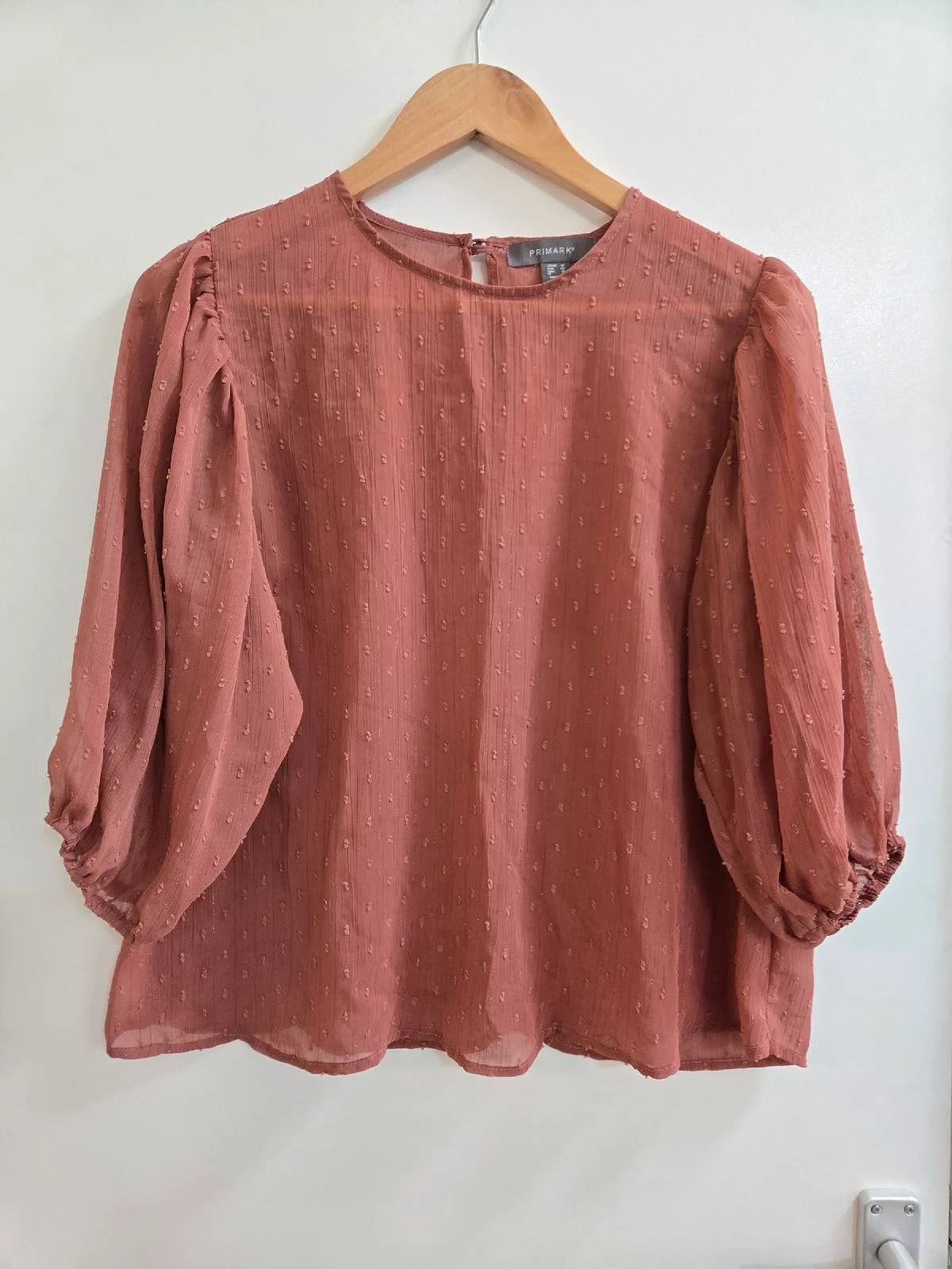 Primark Terracotta Balloon Sleeve Swiss Dot Dobby Blouse - Size 14