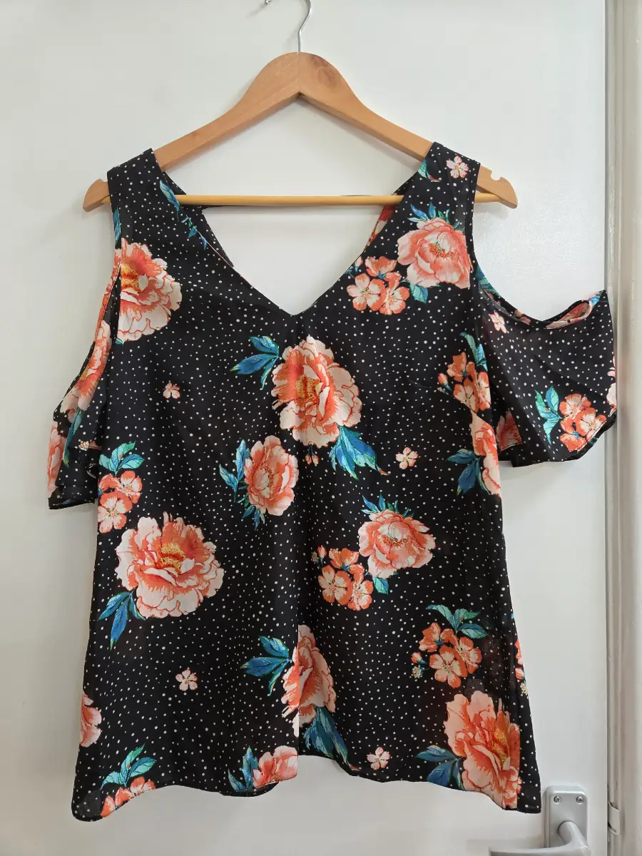 F&F Cold Shoulder Black Floral Polka Dot Cottagcore Blouse - Size 14