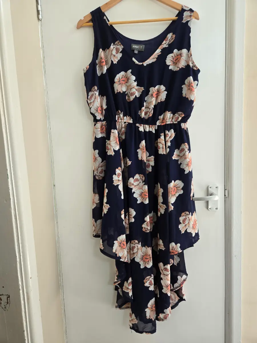 Apricot Navy Blue Floral High-Low Dip Hem Cottagecore Whimsigoth Ocassion dress - Size 14
