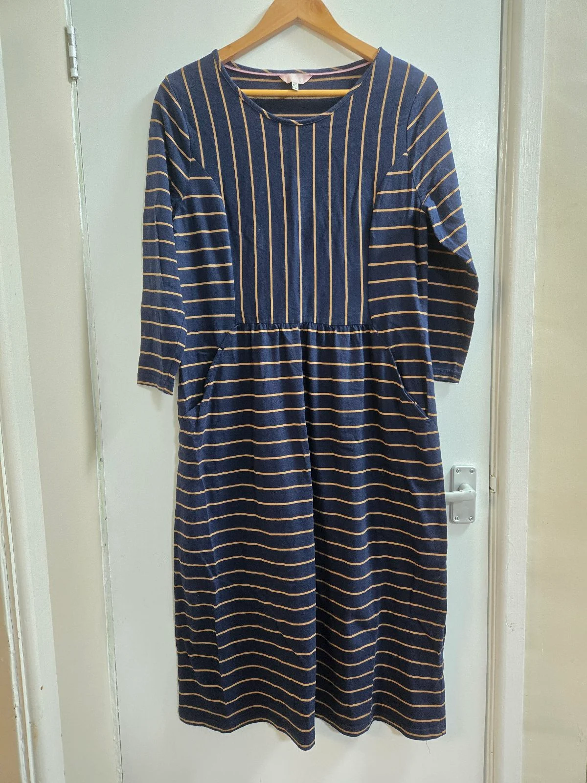 Joules Audrey Jersey Dress Navy Blue Tan Striped with Pockets - Size 16