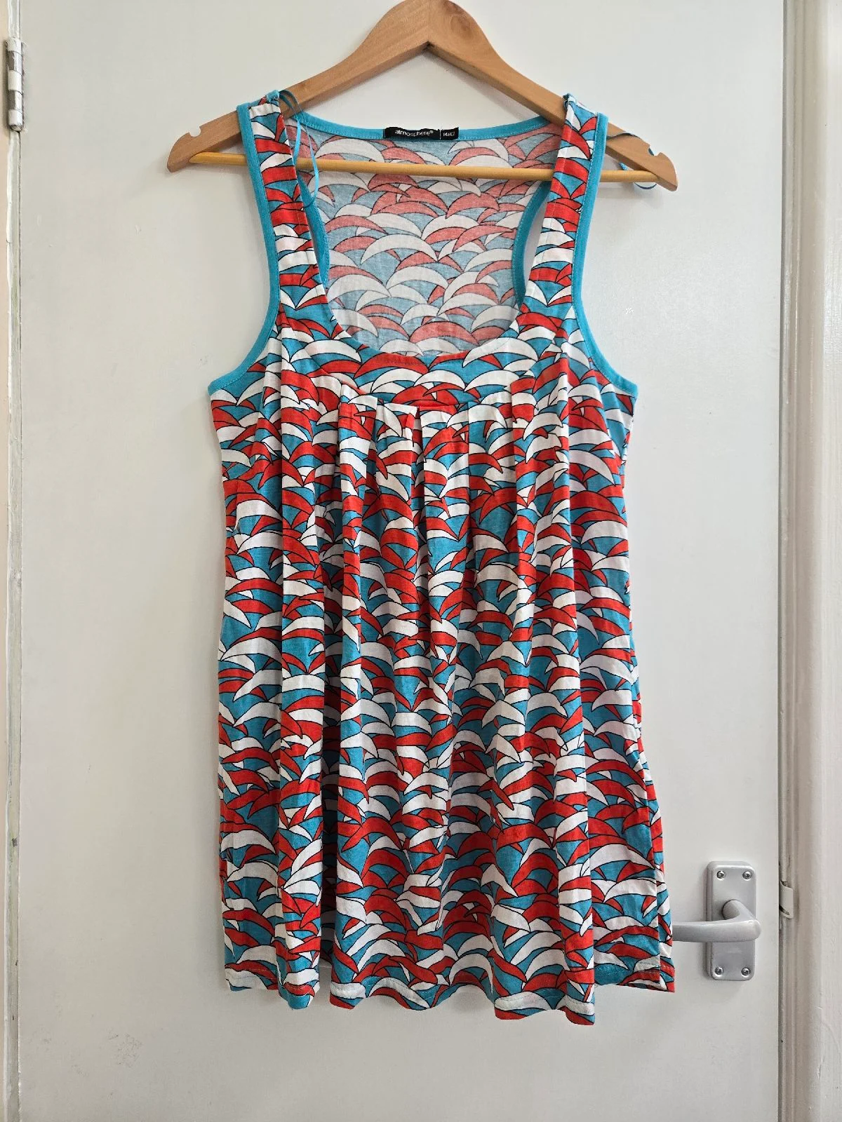 Retro Atmosphere Geometric Print 100% cotton, Coral & Teal Mini Dress Top - Size 14