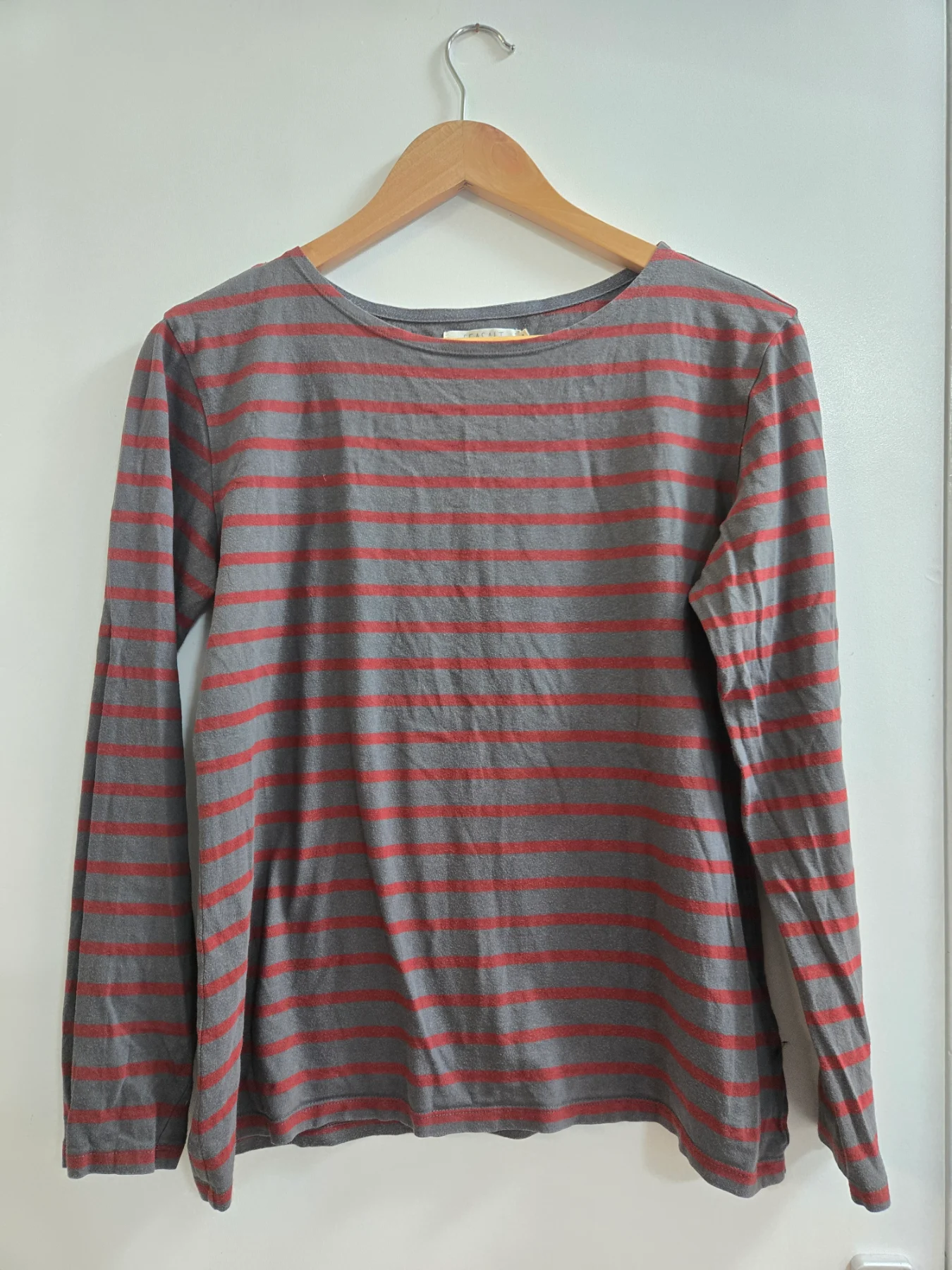 Seasalt Cornwall Grey & Red Horizontal Striped Long Sleeve Breton Sailor Top - Size 12